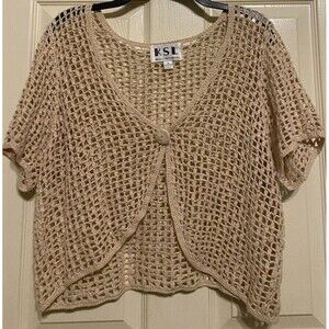 Vtg 90s KSL Beige Open Knit Crochet Cottage Boho Shrug Cardigan Sweater  Crop 1X